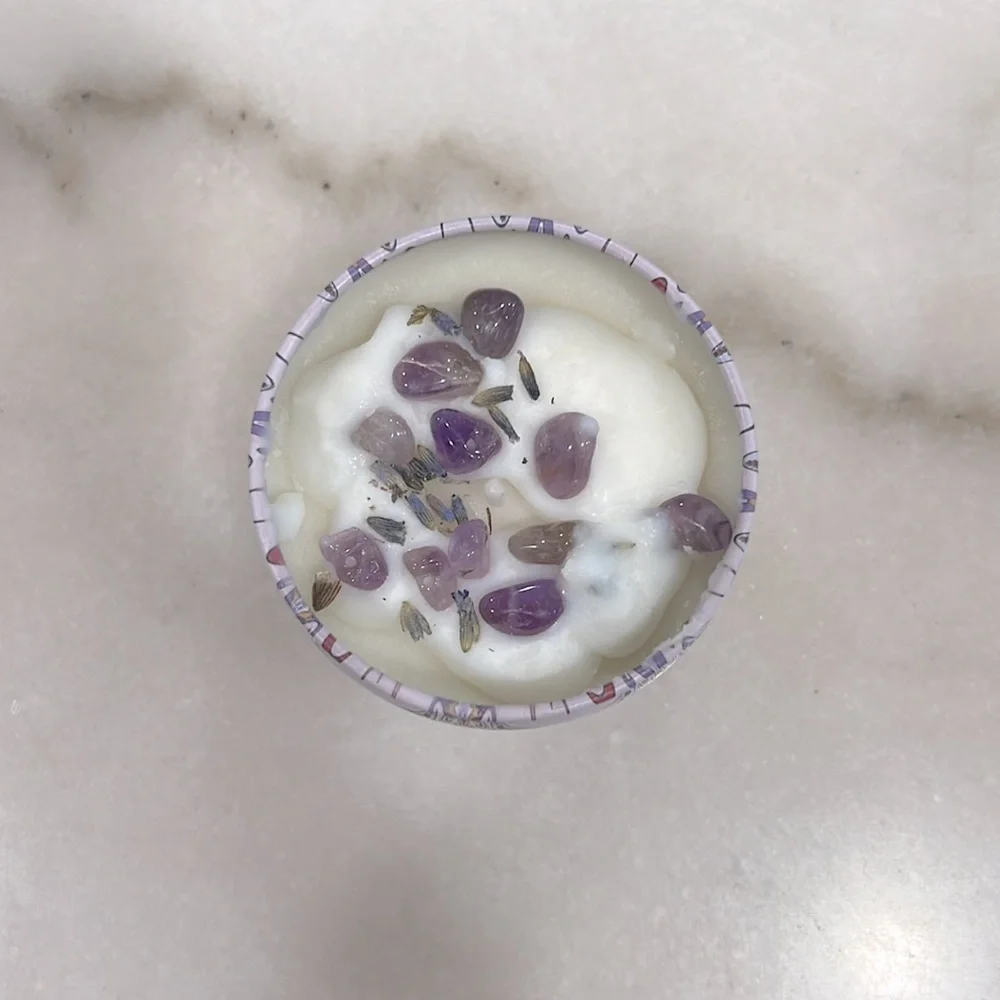 Hand Poured • Boho Lavender Soy Candle Tin with Amethyst Crystals • 18hr